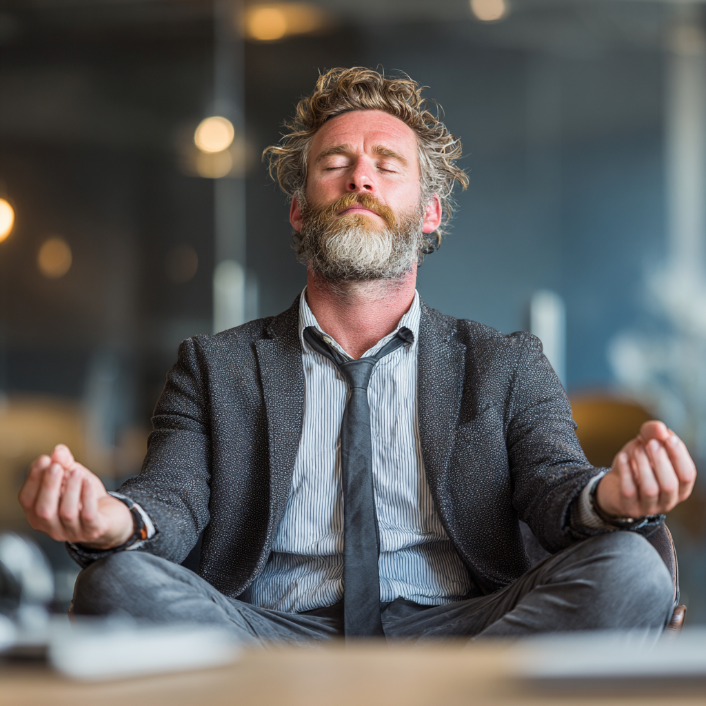 Focused businessman meditating in office environment showing mental strength and discipline