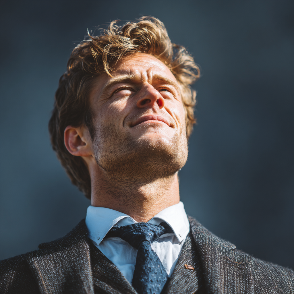 Successful man in business suit showing confidence and achievement after personal transformation